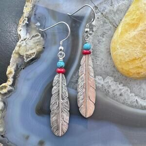 Anthony Gatewood Sterling Silver Turquoise & Coral Bead Feather Dangle Earrings